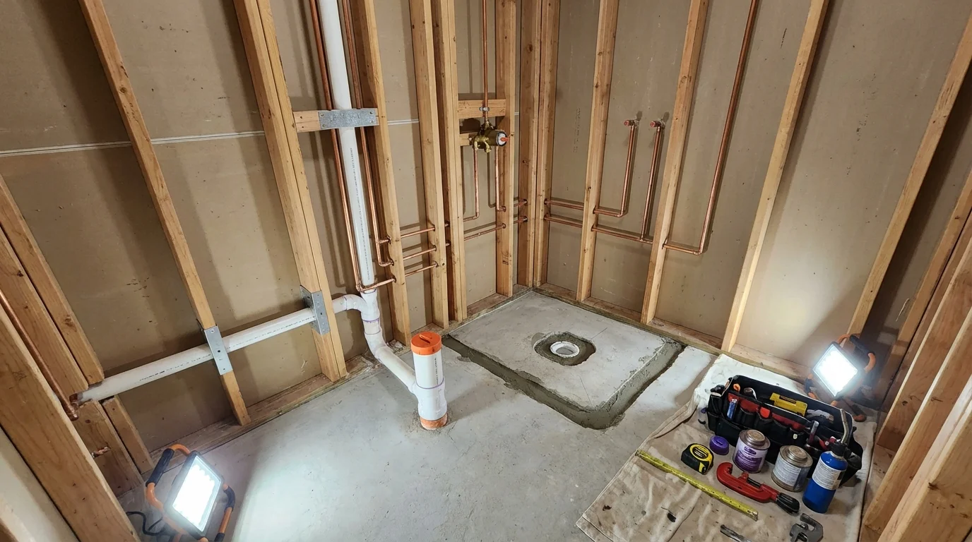 Bathroom rough-in plumbing during remodel by Johns Plumbing LLC in Summerfield