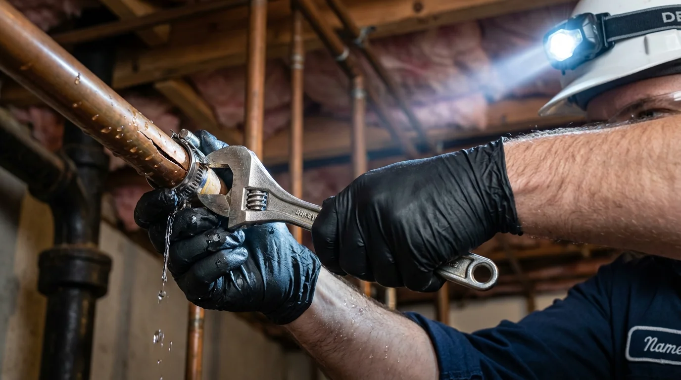 Emergency pipe clamp repair being performed by a Johns Plumbing LLC plumber in Summerfield