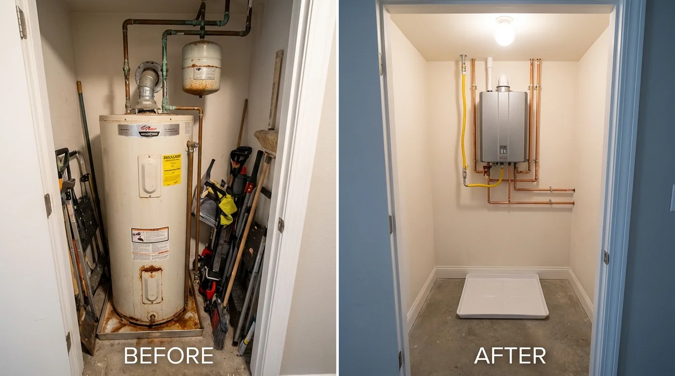 Tank water heater versus wall-mounted tankless unit comparison for Summerfield, NC homeowners