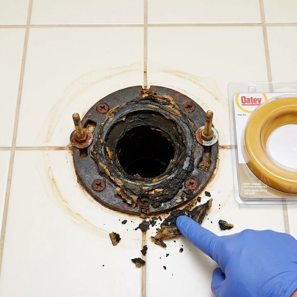 Failed wax ring showing water seepage at the base of a toilet in a Summerfield, NC home